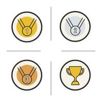 Competition rewards color icons set. Winner cup, gold, silver and bronze medals. Sport games award ceremony items. Isolated vector illustrations