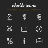 Banking and finance chalk icons set. Great Britain pound, US dollar, euro and yen signs, growth chart, money exchange, percentage and briefcase illustrations. Isolated vector chalkboard drawings