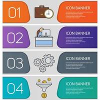 Business banner templates set. Easy to edit. Sales funnel, work time, briefcase, cogwheels and office worker. Website menu items. Color web banner. Vector headers design concepts