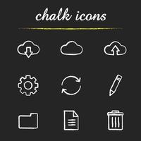 Cloud computing chalk icons set. Online data storage. Upload and download arrows, settings, refresh, edit, new folder and document, delete digital symbols. Isolated vector chalkboard illustrations