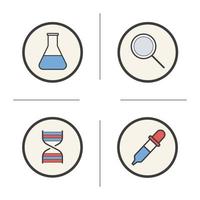 Chemical lab tools color icons set. Beaker with liquid, magnifying glass, DNA strand, pipette. Laboratory equipment. Isolated vector illustrations