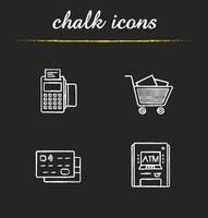Supermarket chalk icons set. Pos terminal, atm machine, credit cards, shopping cart with boxes illustrations. Isolated vector chalkboard drawings