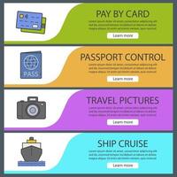 Travel banner templates set. Easy to edit. Credit cards, passport, photo camera, cruise ship. Website menu items. Color web banner. Vector headers design concepts