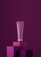 Monocolor scene for cosmetic product presentation. Cosmetic jar on pink pedestal background. 3d render.