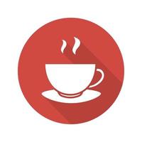 Steaming teacup flat design long shadow icon. Hot steamy coffee mug on plate. Vector silhouette symbol