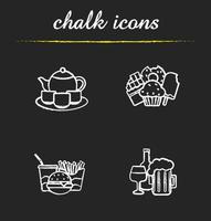 Food and drinks chalk icons set. Tea, confectionery, fastfood and alcohol drinks illustrations. Isolated vector chalkboard drawings