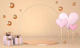 Valentine's Day interior with pedestal, hearts. Stand, podium, pedestal for goods. Love greeting card. 3d photo