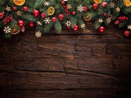 Abeto de Navidad con decoración sobre una tabla de madera