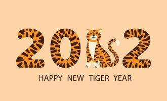 Happy Chinese New Year 2022 greeting card or banner with cartoon funny tiger face and striped year digits. Vector flat hand drawn illustration
