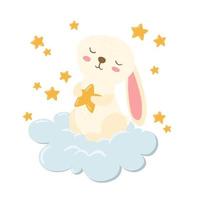 Cute white Bunny with star on cloud hand drawn nursery poster. vector