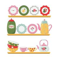 Retro kitchen shelf with utensils, cookware and cooking tools. Kitchenware and food preparing items placed on shelves. Composition with kettle, sugar bowl, plates, cups, bowls, teapot. vector