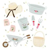 Set of tools and equipment for farm and gardening. Wheelbarrow, hat, bucket, basket, seeds, tub, shovel. For scrapbook, greeting card, invitation, poster, tag, sticker. Spring time vector illustration