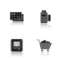 Supermarket shopping drop shadow black icons set. Grocery store. Credit cards, pos terminal, atm machine, shopping cart with boxes. Isolated vector illustrations