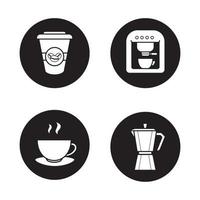 Coffee icons set. Espresso machine, classic coffee maker, steaming mug on plate, disposable paper cup. Vector white illustrations in black circles