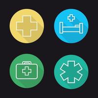 Hospital flat linear long shadow icons set. Medical cross, hospital bed, first aid kit, star of life. Vector line symbols