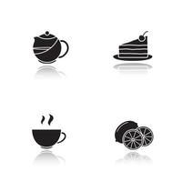 Tea drop shadow black icons set. Teapot infuser, chocolate cake on plate, lemons, steaming cup. Isolated vector illustrations