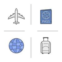 Air travel color icons set. International passport, luggage suitcase on wheels, plane flight, worldwide globe symbol. Isolated vector illustrations