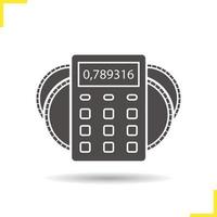 Calculator with coins icon. Drop shadow silhouette symbol. Economics and accounting symbol. Negative space. Vector isolated illustration