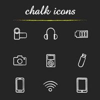 Modern gadgets chalk icons set. Video and photo camera, headphones, battery charge, mp3 player, usb flash drive, smartphone, wifi, tablet computer illustrations. Isolated vector chalkboard drawings