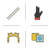 Billiard accessories color icons set. Pool equipment. Cues, chalk, glove, rest head. Isolated vector illustrations