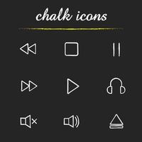 Music player chalk icons set. Next and previous, stop, pause, listen, play, mute on and off, open file buttons. Audio player isolated vector chalkboard illustrations