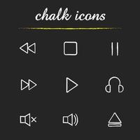 Music player chalk icons set. Next and previous, stop, pause, listen, play, mute on and off, open file buttons. Audio player isolated vector chalkboard illustrations