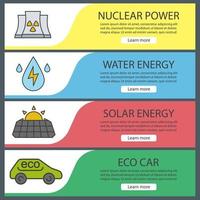 Conjunto de plantillas de banner de contaminación ambiental. fácil de editar. planta de energía nuclear, energía del agua, panel solar, coche ecológico. elementos del menú del sitio web. banner web en color. conceptos de diseño de encabezados vectoriales vector