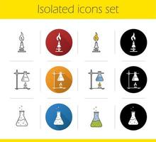 School chemical lab equipment icons set. Flat design, linear, black and color styles. Ring stand with flask, chemical reaction, lab burner. Isolated vector illustrations