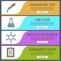 Conjunto de plantillas de banner de laboratorio de ciencia. fácil de editar. pipeta con gota, vaso de precipitados hirviendo, estructura molecular y portapapeles de laboratorio. elementos del menú del sitio web. banner web en color. conceptos de diseño de encabezados vectoriales vector