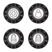 Cyber security icons set. Access denied, network admin and settings, access granted. Digital symbols. Vector white illustrations in black circles
