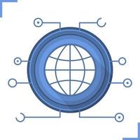Global network flat design long shadow icon. Globe in microchip pathways. Vector silhouette symbol