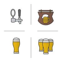 Beer pub color icons set. Wooden bar signboard, foamy beer glasses and tap. Isolated vector illustrations