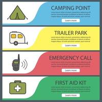Camping and tourism banner templates set. Easy to edit. Tent, trailer, walkie talkie, first aid kit. Website menu items. Color web banner. Vector headers design concepts