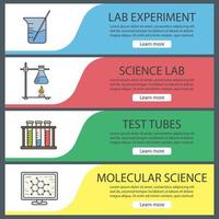 Conjunto de plantillas de banner de laboratorio de ciencia. fácil de editar. vaso de precipitados con varilla, ciencia molecular, soporte de anillo con matraz, tubos de ensayo. elementos del menú del sitio web. banner web en color. conceptos de diseño de encabezados vectoriales vector