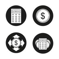 Banking and finance icons set. Calculator, us dollar coin, money spending, income calculations. Vector white silhouettes illustrations in black circles