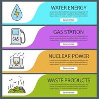 Conjunto de plantillas de banner de contaminación ambiental. fácil de editar. energía hidráulica, gasolinera, central nuclear, basurero. elementos del menú del sitio web. banner web en color. conceptos de diseño de encabezados vectoriales vector