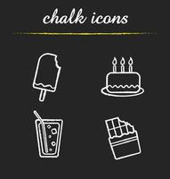 Sweets chalk icons set. Confectionery products. Bitten ice cream, birthday cake with candles, soda drink with straw and ice, bitten chocolate bar. Isolated vector chalkboard illustrations