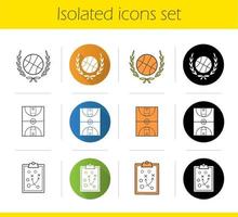 Basketball championship icons set. Flat design, linear, black and color styles. Ball in laurel wreath, field, clipboard game plan. Isolated vector illustrations