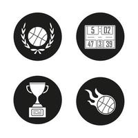 Basketball championship icons set. Ball in laurel wreath, scoreboard, winner trophy, burning ball. Vector white illustrations in black circles