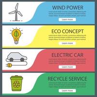 Ecology banner templates set. Easy to edit. Wind energy, eco concept, electric car. recycle service. Website menu items. Color web banner. Vector headers design concepts