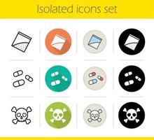 Drugs icons set. Flat design, linear, black and color styles. Skull and crossbones, pills and cocaine packet. Narcotics solated vector illustrations