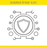 Cyber security linear icon. Thin line illustration. Contour symbol. Protection shield in microchip pathways. Vector isolated outline drawing