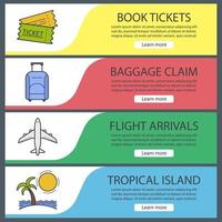 Vacation and travel banner templates set. Easy to edit. Tickets, suitcase on wheels, airplane flight, tropical island. Website menu items. Color web banner. Vector headers design concepts