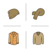 Winter clothes color icons set. Hat, scarf, pullover, coat. Sweater and jacket. Isolated vector illustrations