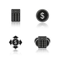 Banking and finance drop shadow black icons set. Calculator, us dollar coin, money spending, income calculations. Financial planning. Isolated vector illustrations