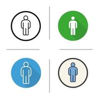 Man silhouette icon. Flat design, linear and color styles. Standing man figure. WC male toilet sign. Isolated vector illustrations