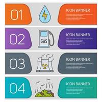 Eco banner templates set. Easy to edit. Water energy, gas station, nuclear power plant, rubbish dump. Ecology website menu items. Color web banner. Vector headers design concepts