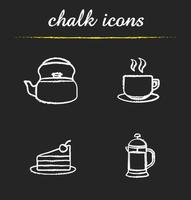 Conjunto de iconos de tiza de té y café. hervidor, taza humeante en un plato, trozo de pastel de chocolate, ilustraciones de prensa francesa. dibujos de pizarra vector aislado