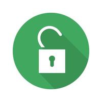 Open lock flat design long shadow icon. Padlock. Vector silhouette symbol