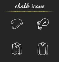 Winter clothes chalk icons set. Hat, scarf, pullover, coat. Sweater and jacket. Isolated vector chalkboard illustrations